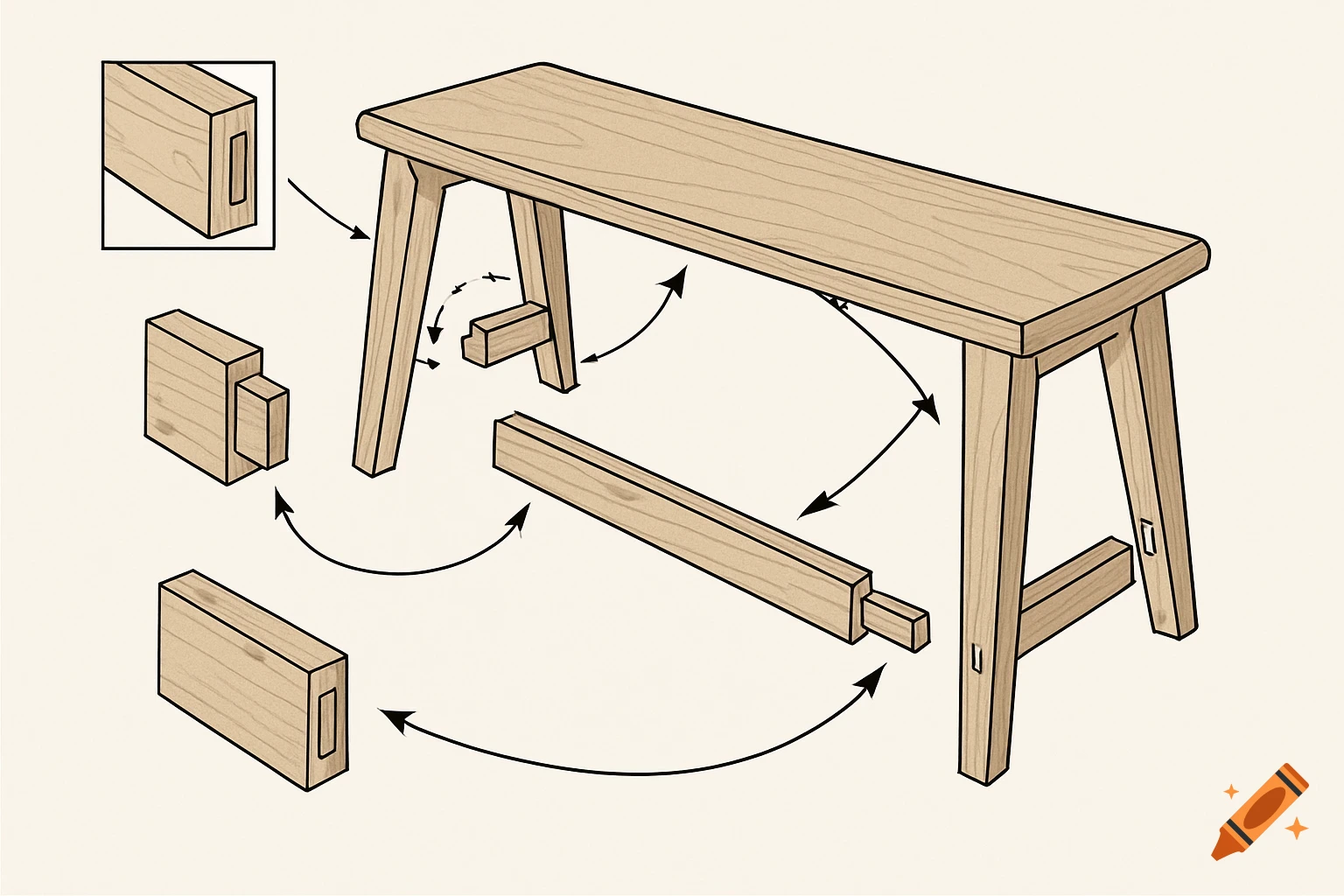 Diagram showing the assembly of a wooden bench using joinery