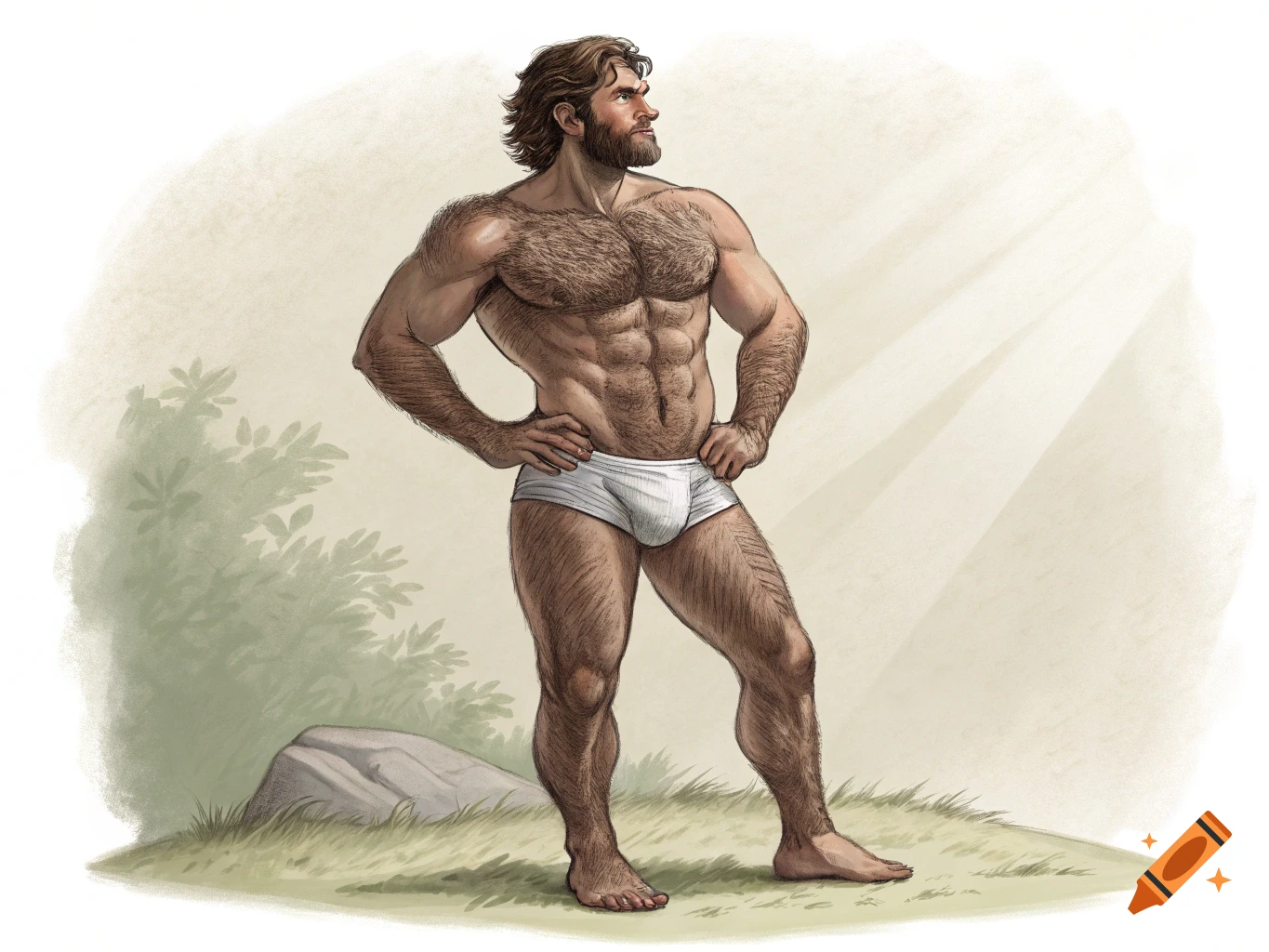 A muscular hairy man in white underwear stands on a grassy hill with hands on hips, bathed in sunlight. Illustration.