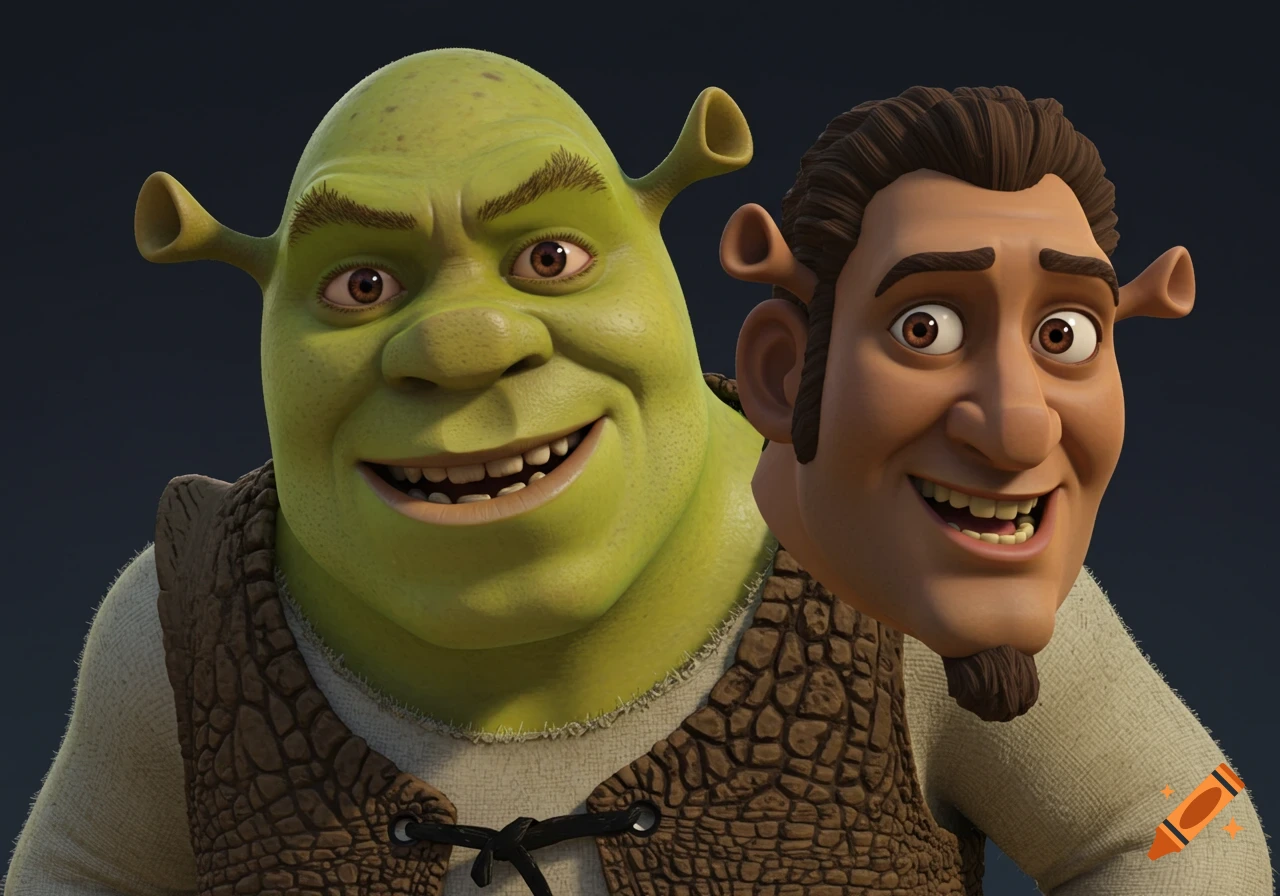 3D render of Shrek smiling next to a human character