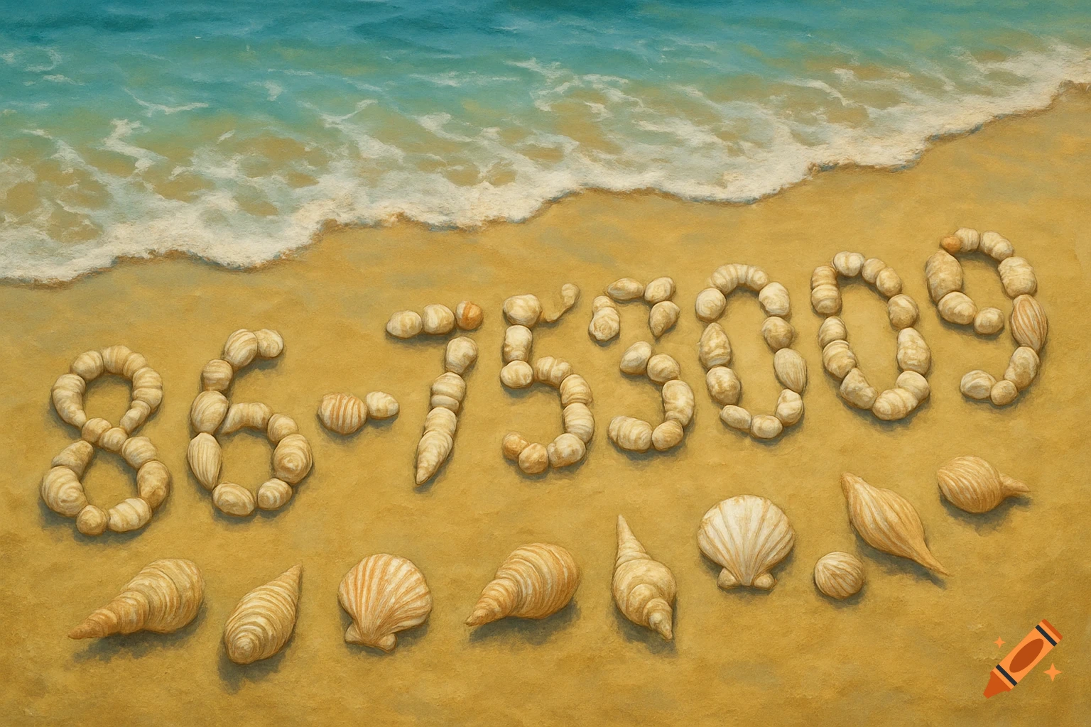 A painting of seashells spelling "86-75309" on a beach with waves.