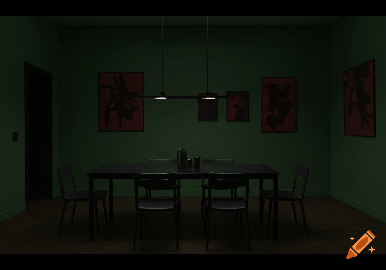Dark dining room with a black table, chairs, green walls, and abstract artwork.