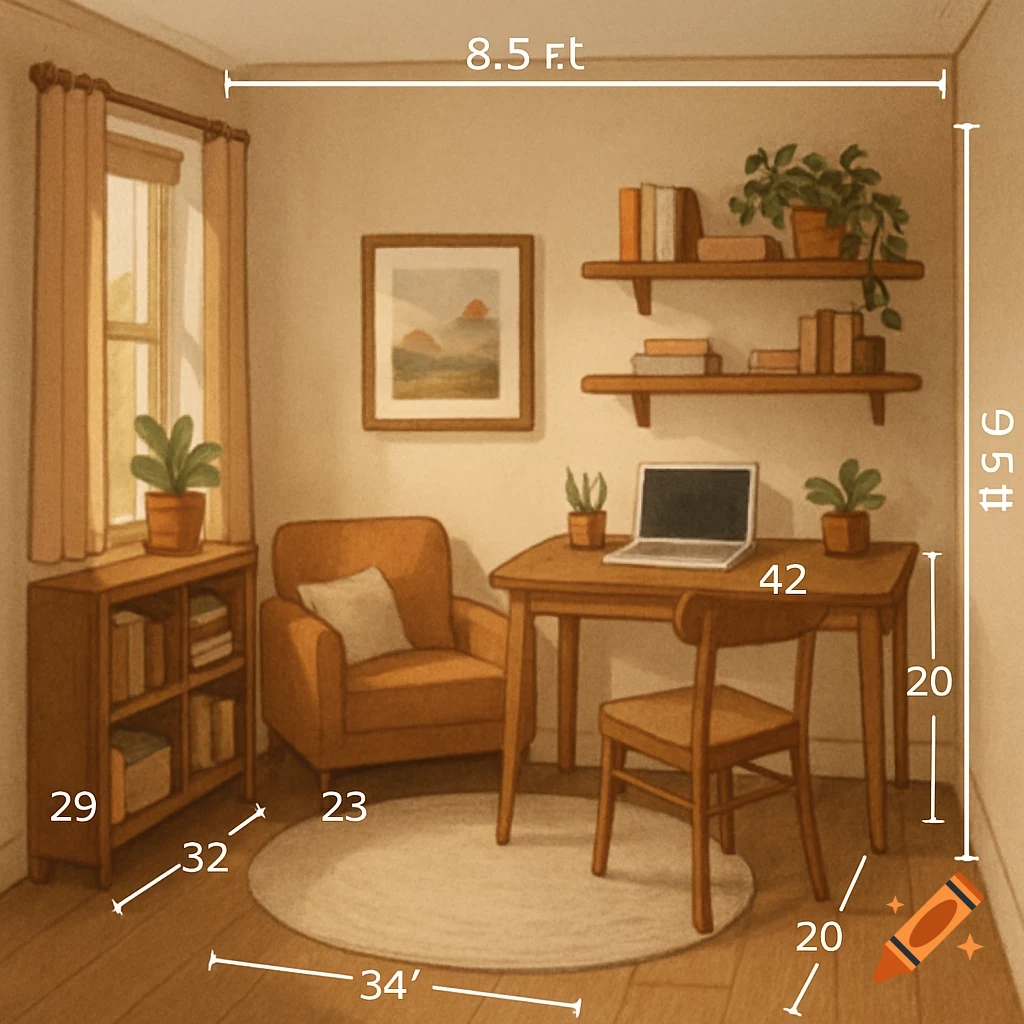 Illustration of a cozy room with a desk, chair, armchair, bookshelf, shelves, and plants. Various measurement numbers and units are overlaid on objects.