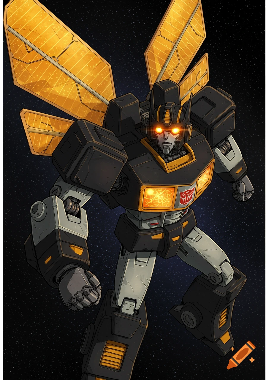 Illustration of a black, gold, and gray robot with glowing eyes and solar panel wings standing in space.