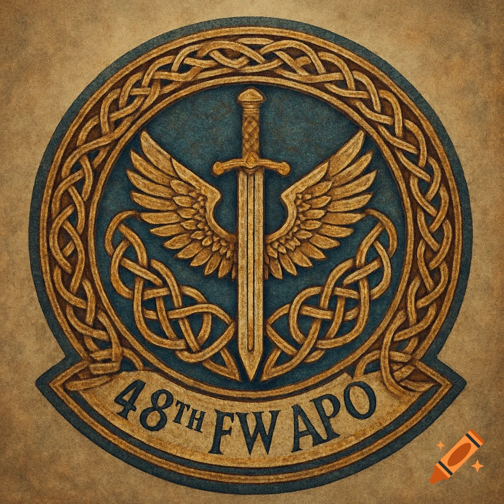 Circular emblem patch with a winged sword centered in blue, surrounded by gold celtic knotwork, and text '48th FW APO' at the bottom.