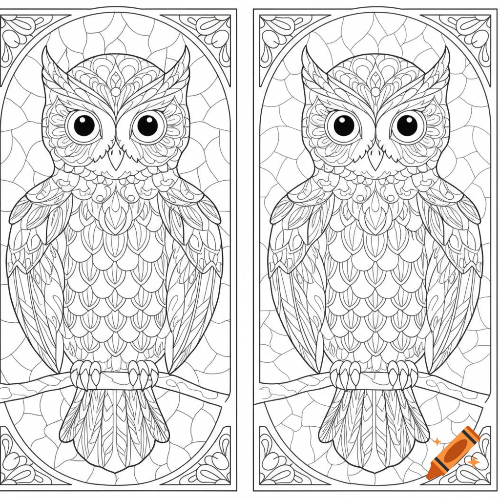 Two black and white line art owls in a stained glass style coloring ...