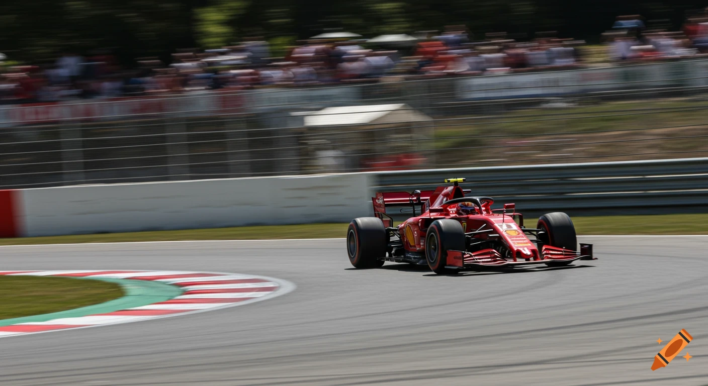 Red F1 race car speeding around a corner on a track with spectators in the background.