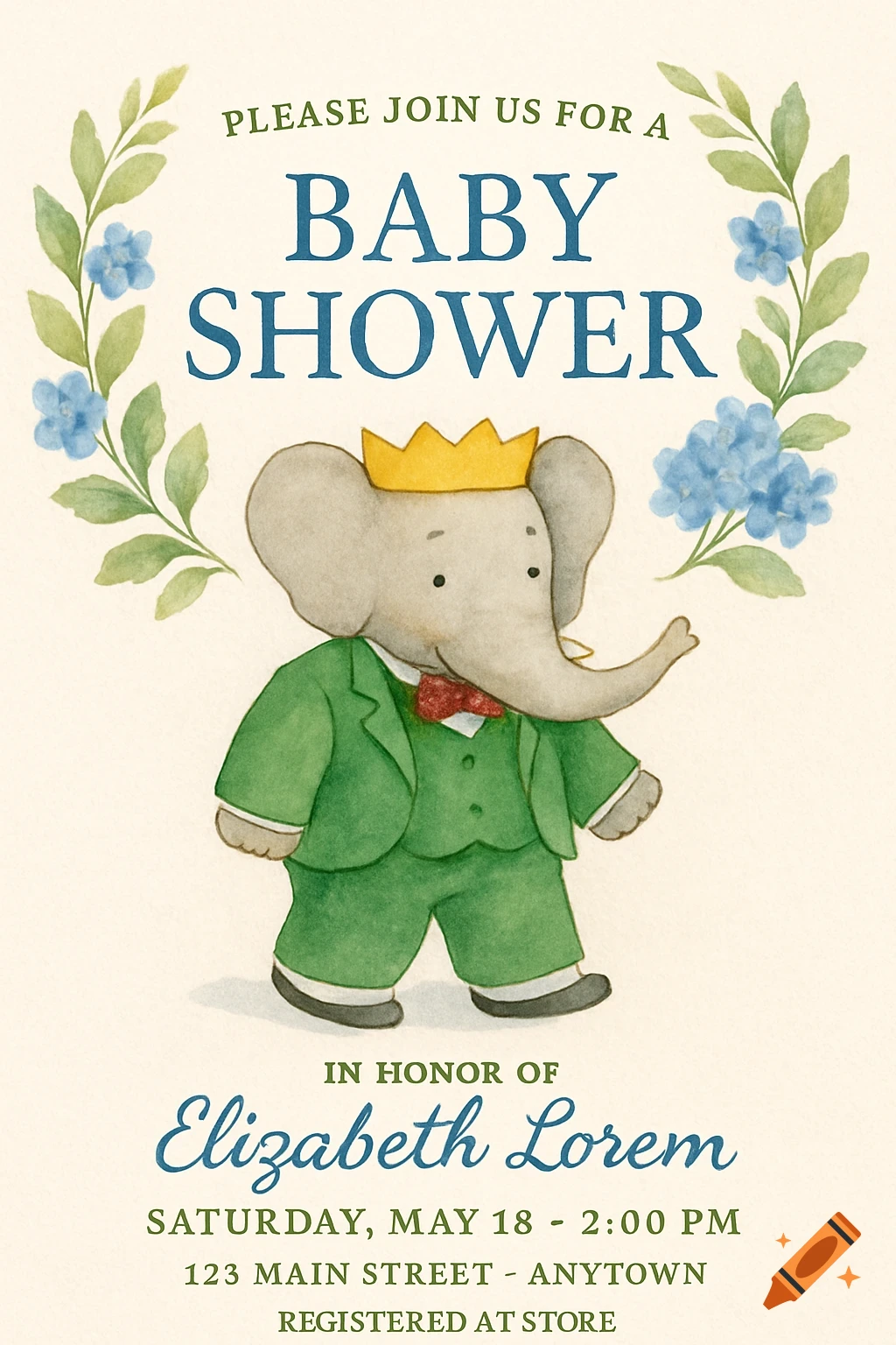 Watercolor illustration of a baby shower invitation featuring a cartoon elephant wearing a suit and crown, with text.