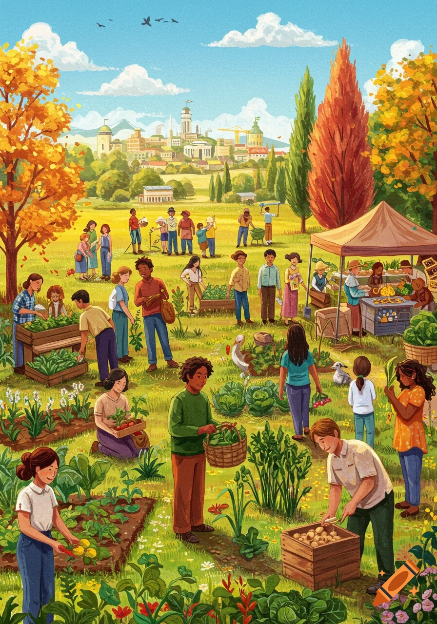 An illustration of a diverse group of people gardening and harvesting vegetables in a sunny field with a market stall and buildings.