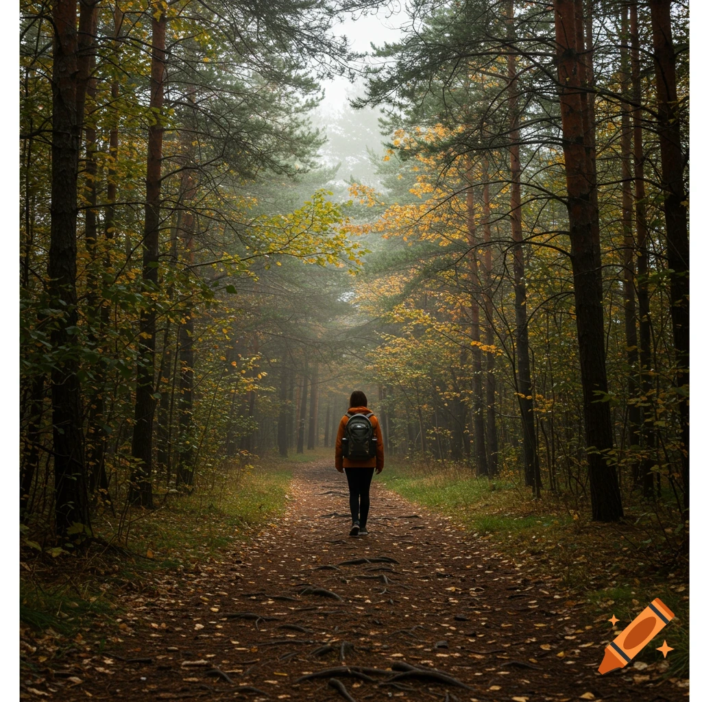 Person walks away from the camera down a path in a foggy autumn forest ...
