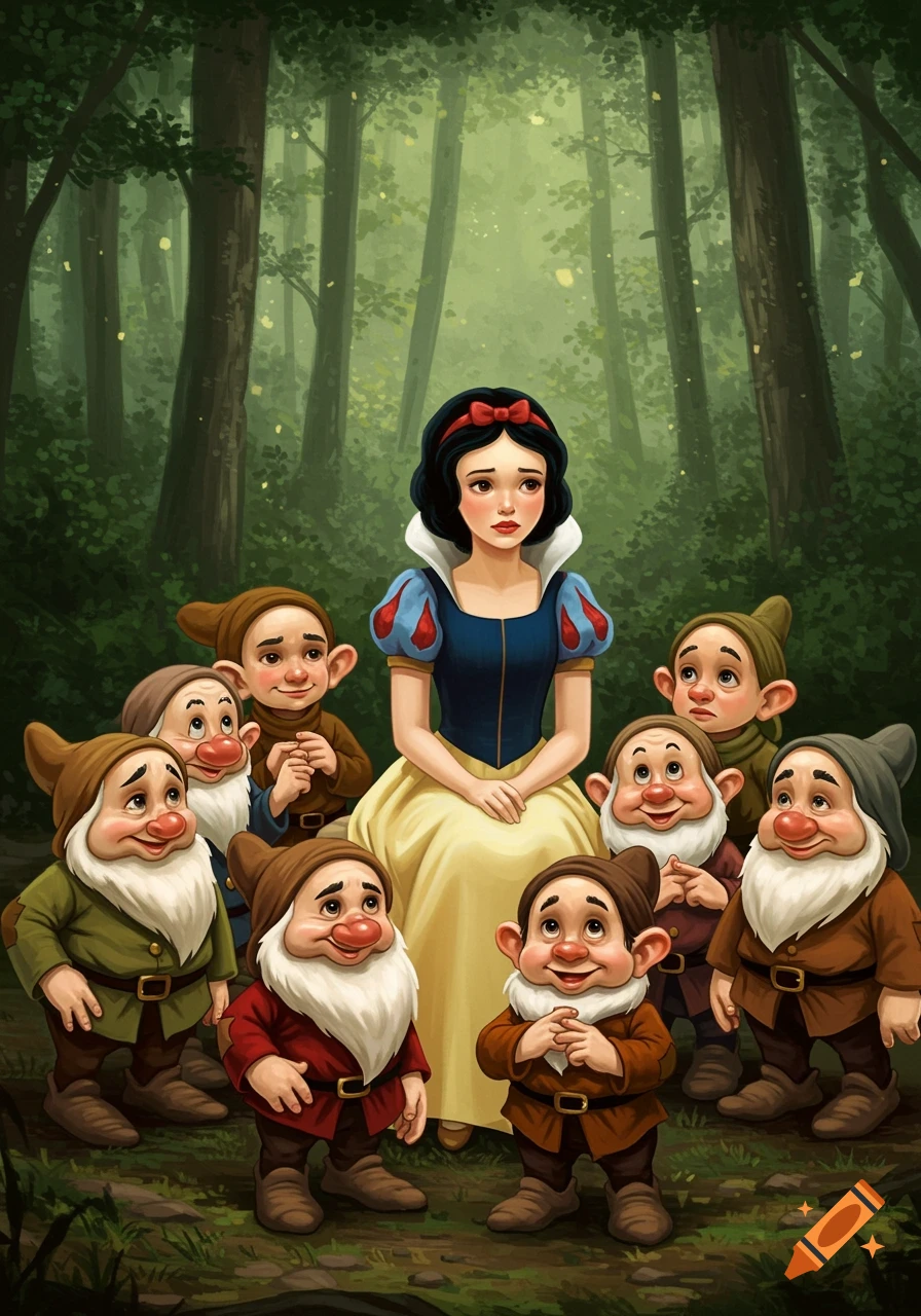 An illustration of Snow White with the seven dwarfs in a forest.
