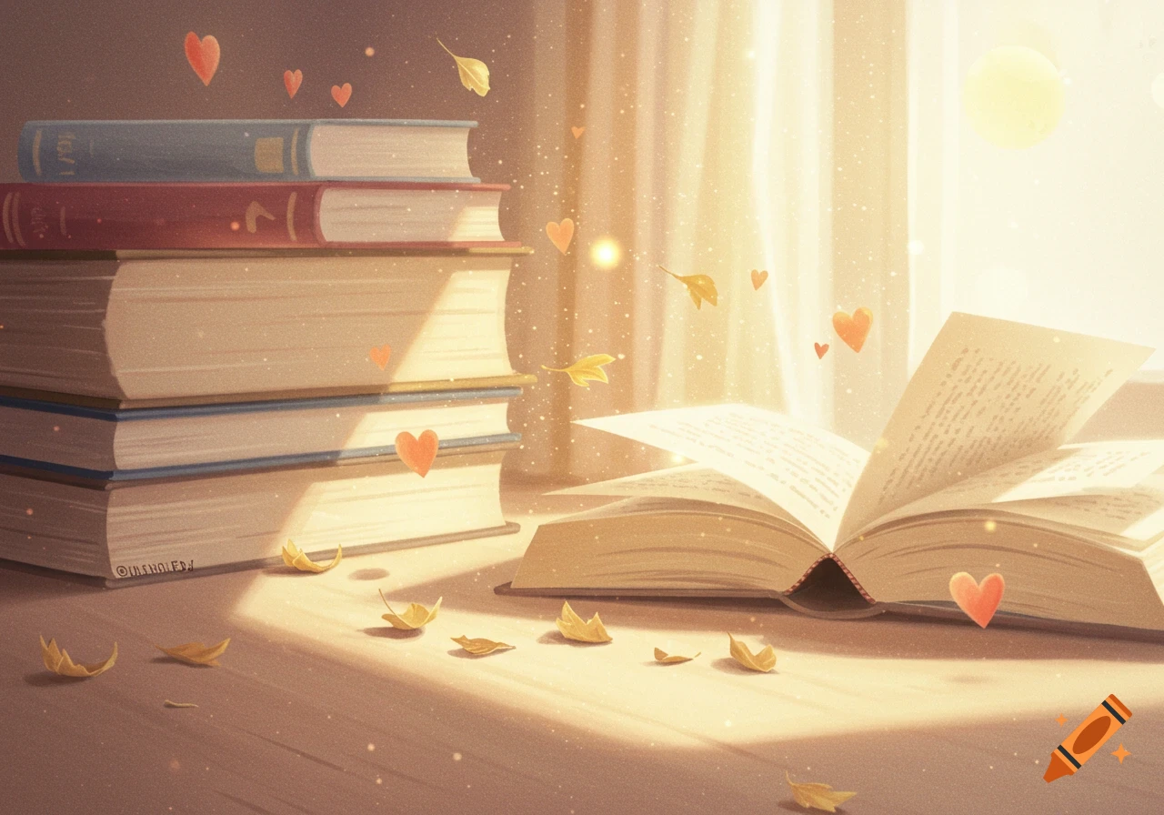 Stack of books and open book with floating hearts, leaves, and sunlight.