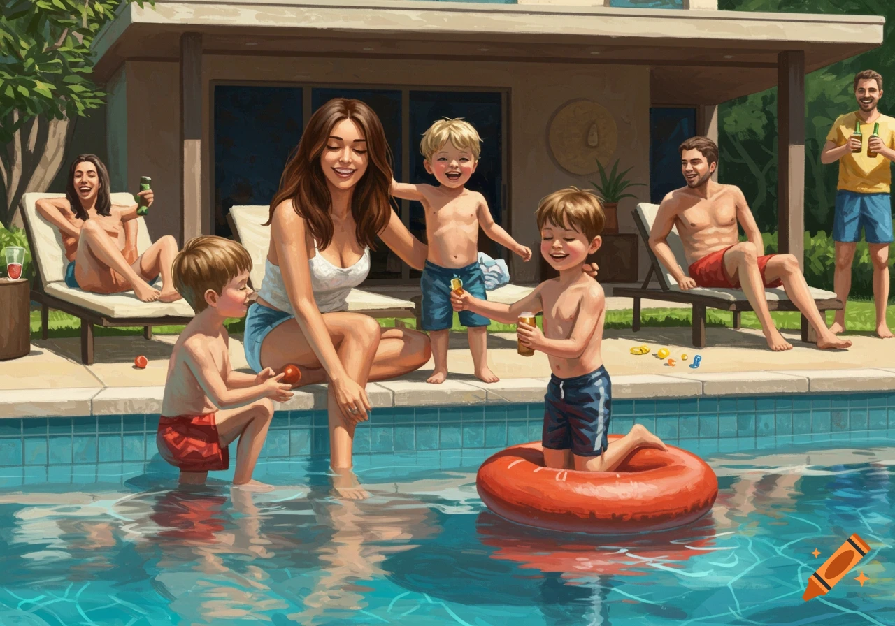 A family and friends enjoy a pool party on a sunny day.