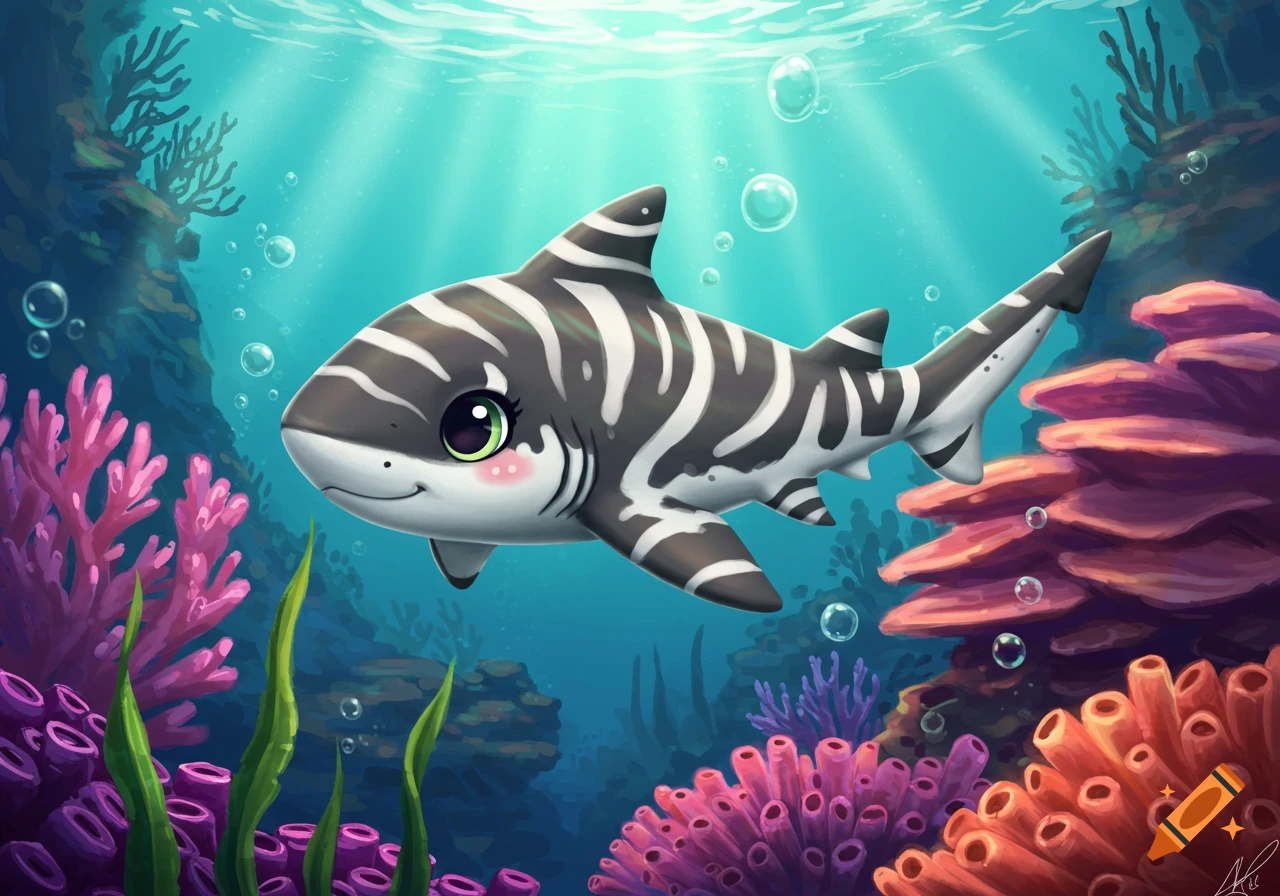 A cute cartoon zebra shark swims through a bright, colorful coral reef with sunlight shining from above.
