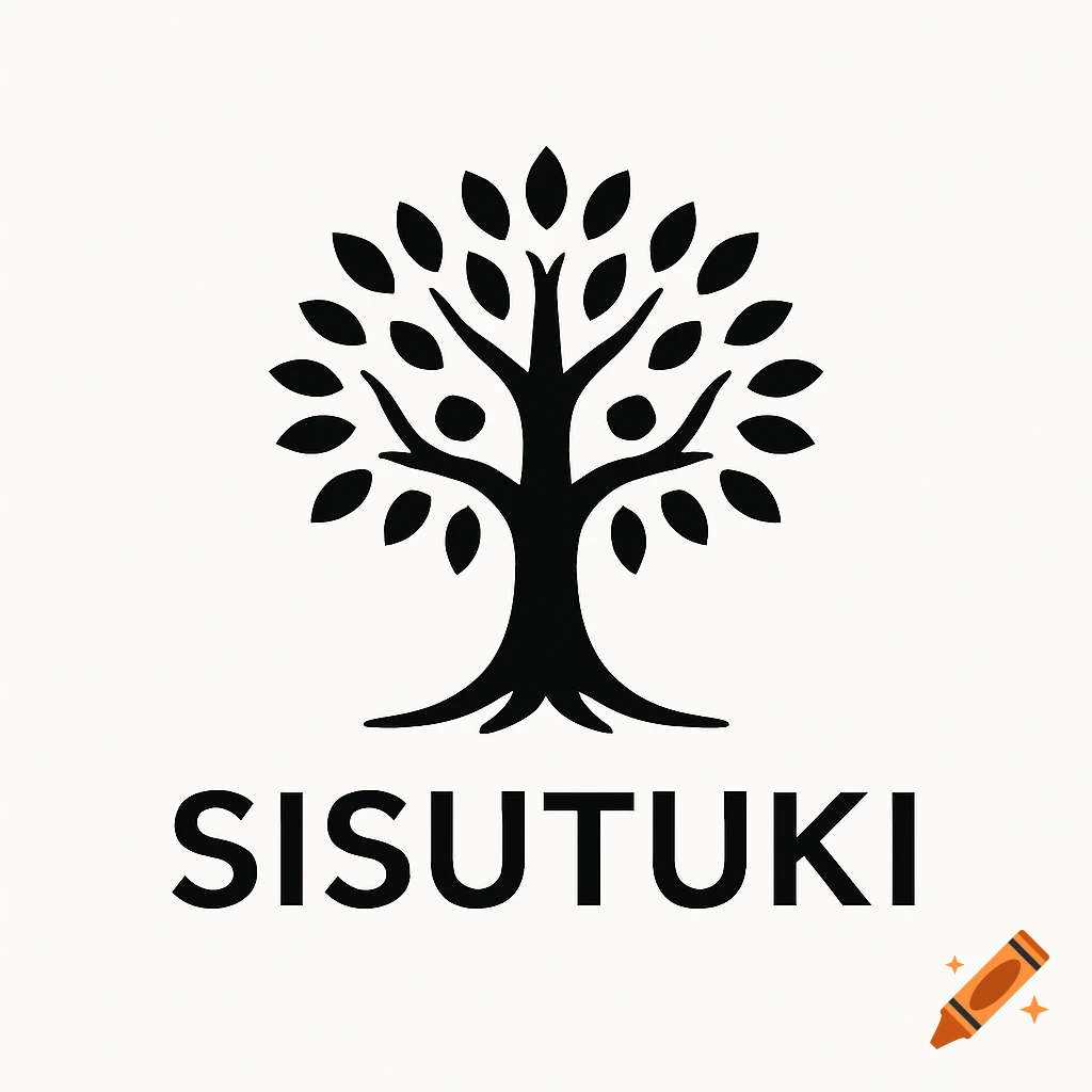 Black logo of a tree with two stylized human figures incorporated into its branches, above the text "SISUTUKI".