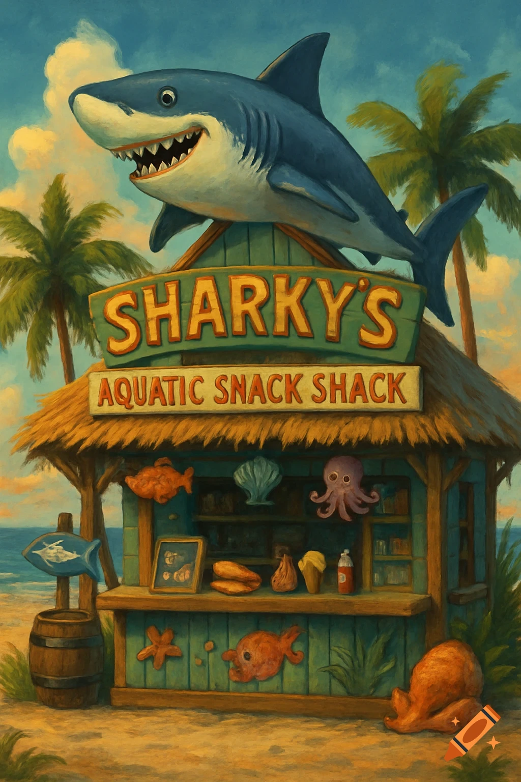 Cartoon shark over a beach shack sign that reads 'Sharky's Aquatic Snack Shack'