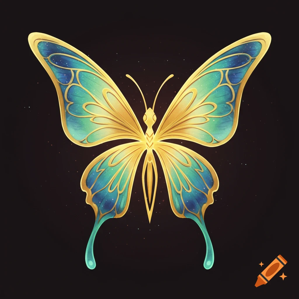 A stylized golden butterfly with blue and green wings on a dark background.