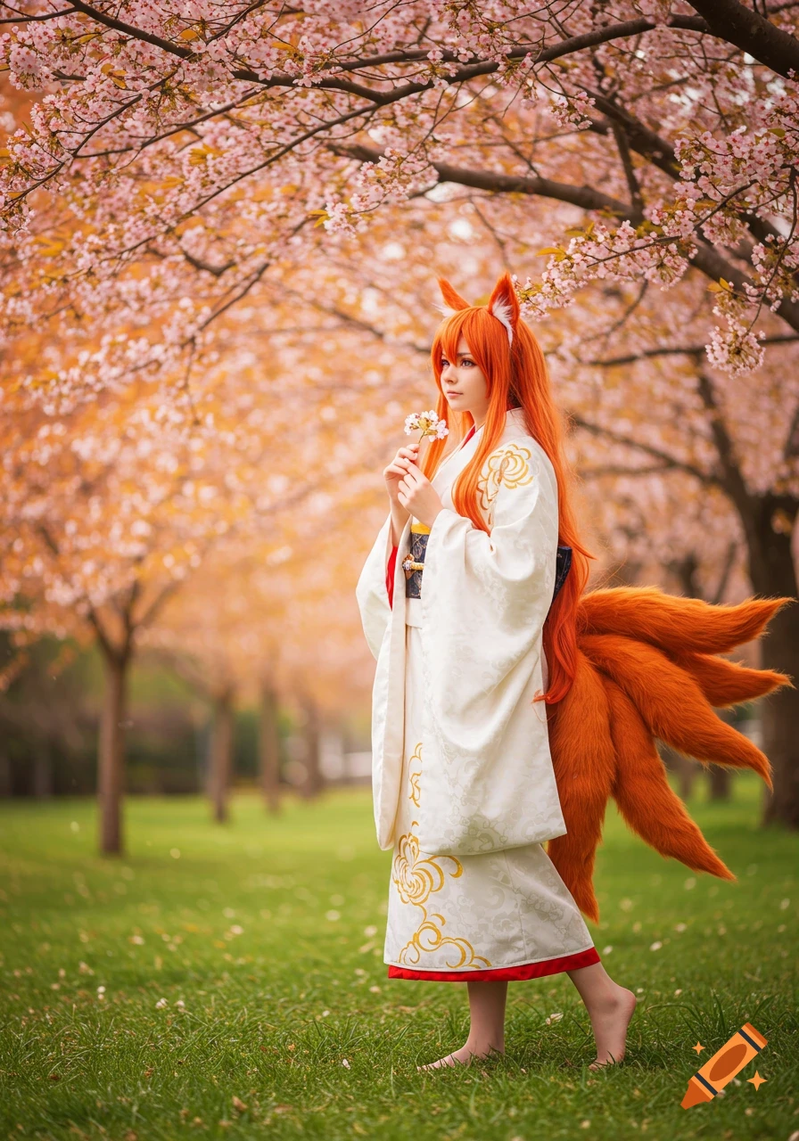 Photorealistic image of a barefoot kitsune girl in a white kimono with gold patterns standing in a park with cherry blossom trees.