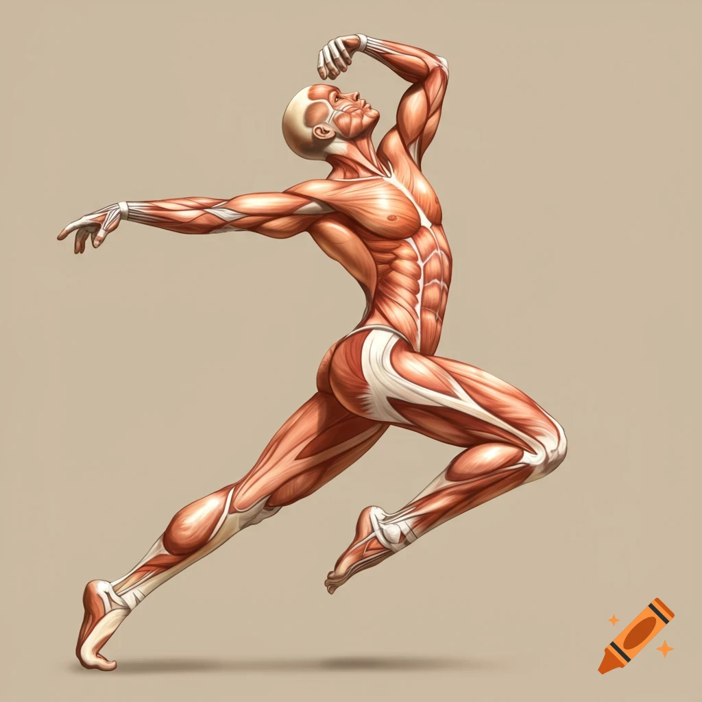 Anatomical illustration of human muscles in a dynamic pose.