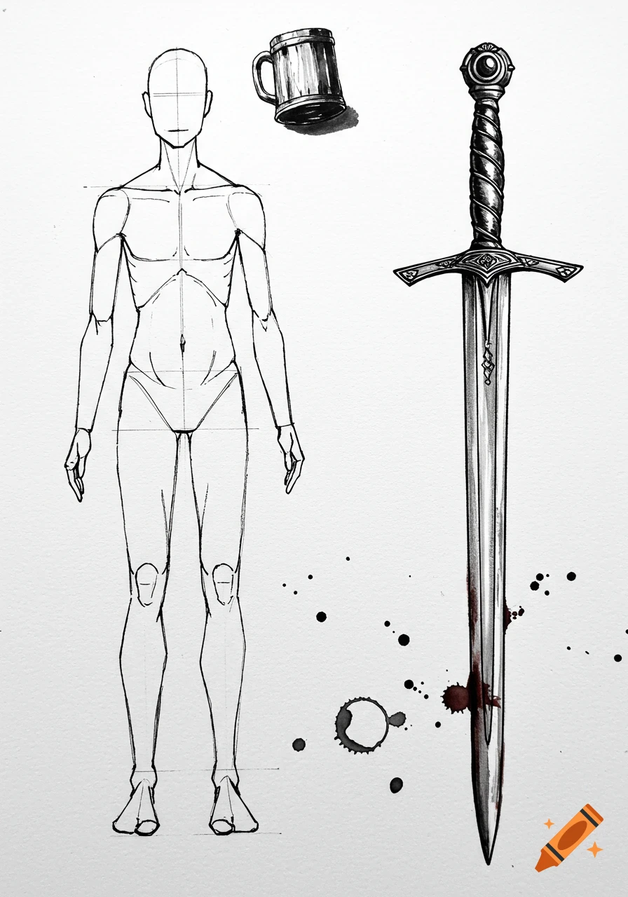 Black and white ink sketch of a human figure study next to a detailed fantasy sword, mug, and ink splatters.