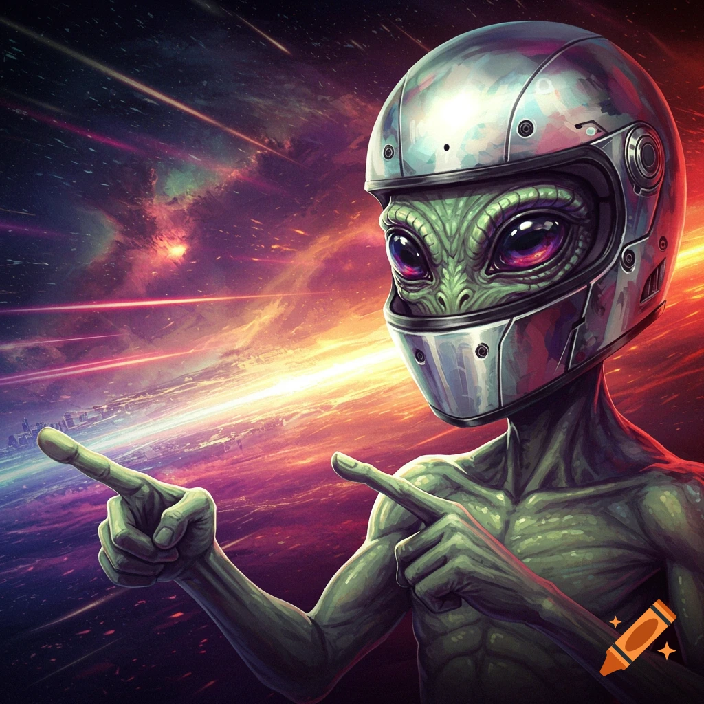 A green alien wearing a metallic racing helmet points forward in a colorful, starry space background.