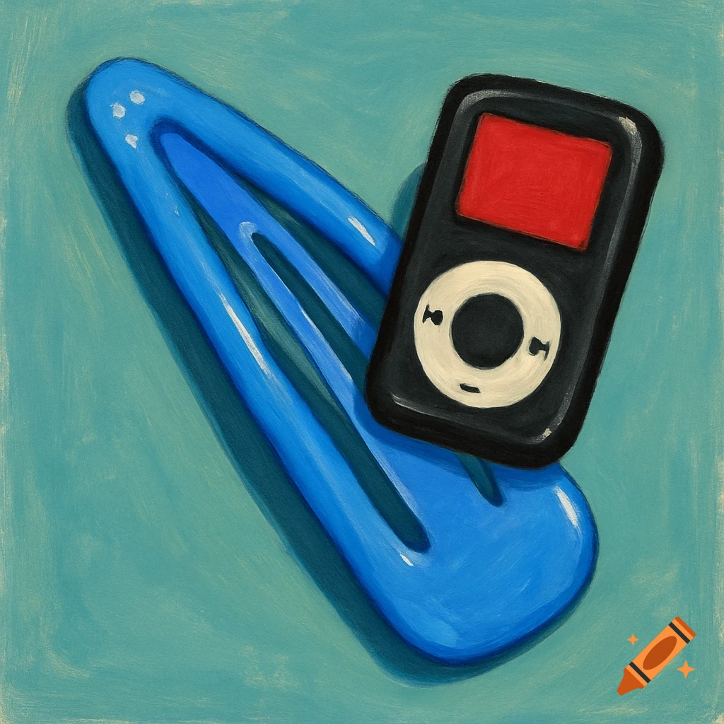 A blue snap hair clip and a black MP3 player with a red screen and white buttons are shown on a teal background in a painterly style.