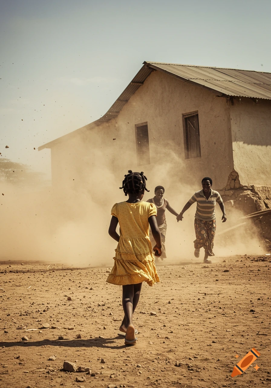 Young girl walks on dusty path towards two adults running past a building, photo.