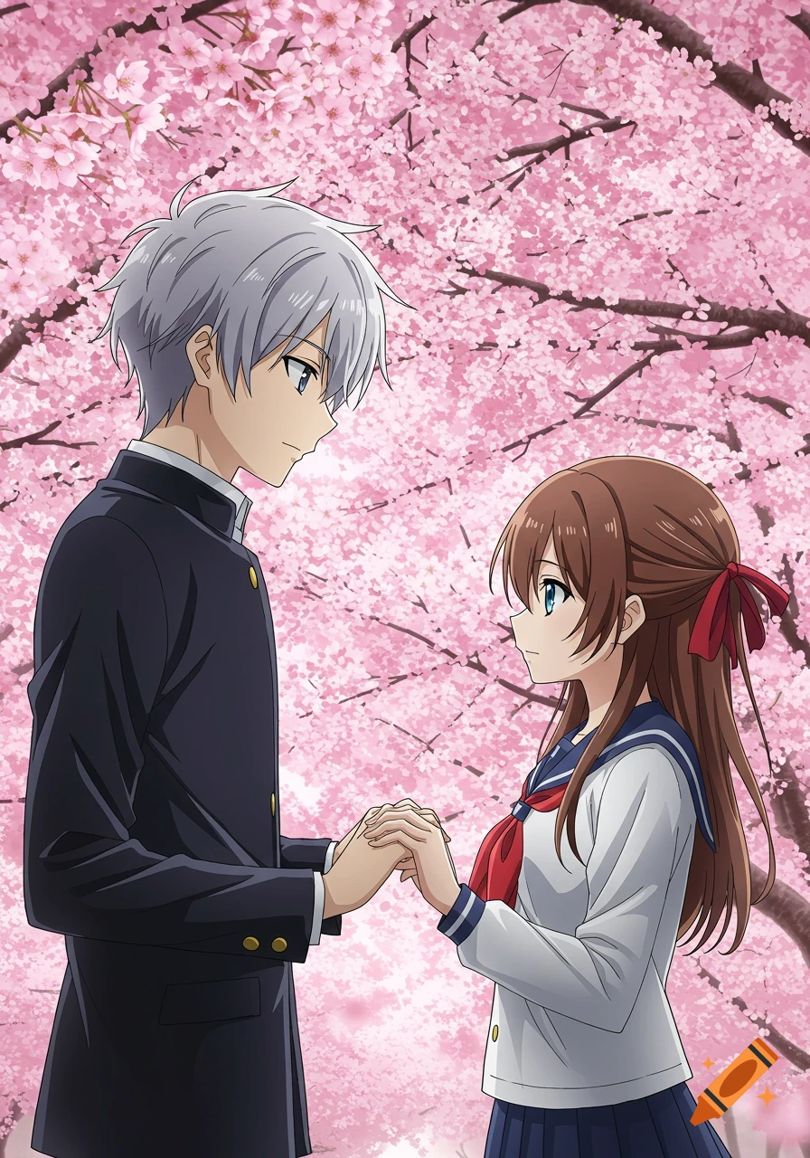 Anime boy and girl in school uniforms holding hands under pink cherry blossom trees.