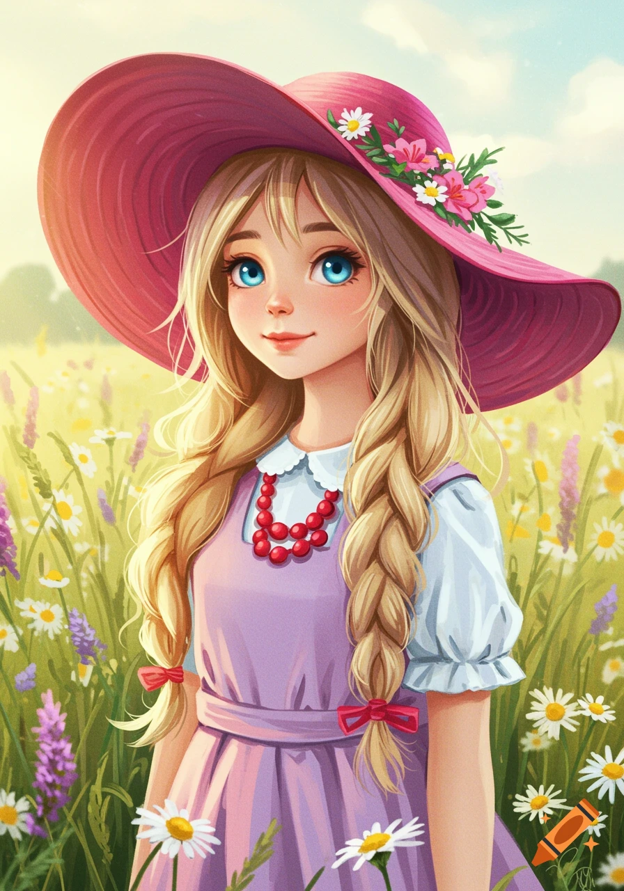 Cartoon illustration of a girl with blonde hair, blue eyes, and a pink hat in a field of flowers.