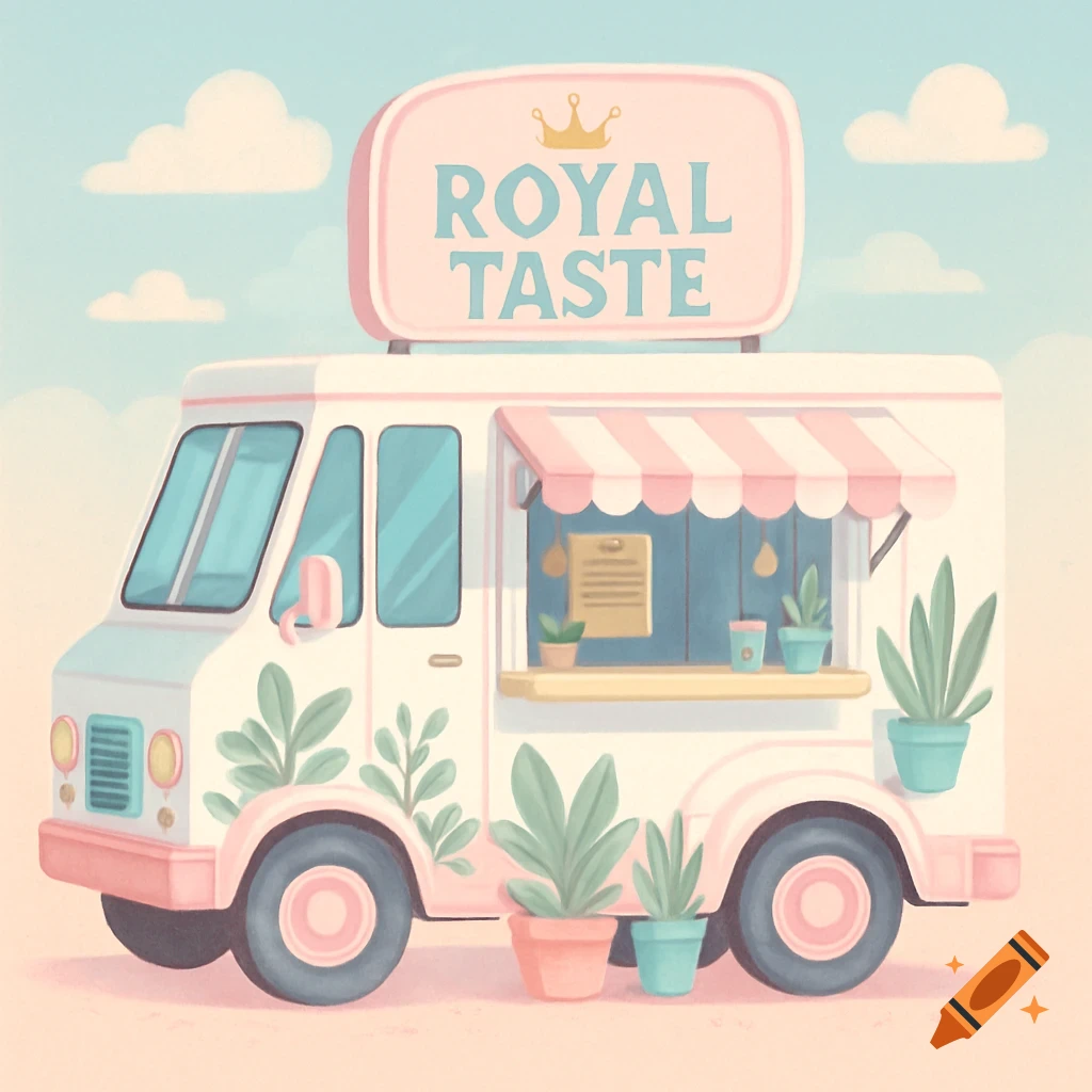 Pastel illustration of a food truck with a sign saying 'Royal Taste', plants, and clouds.