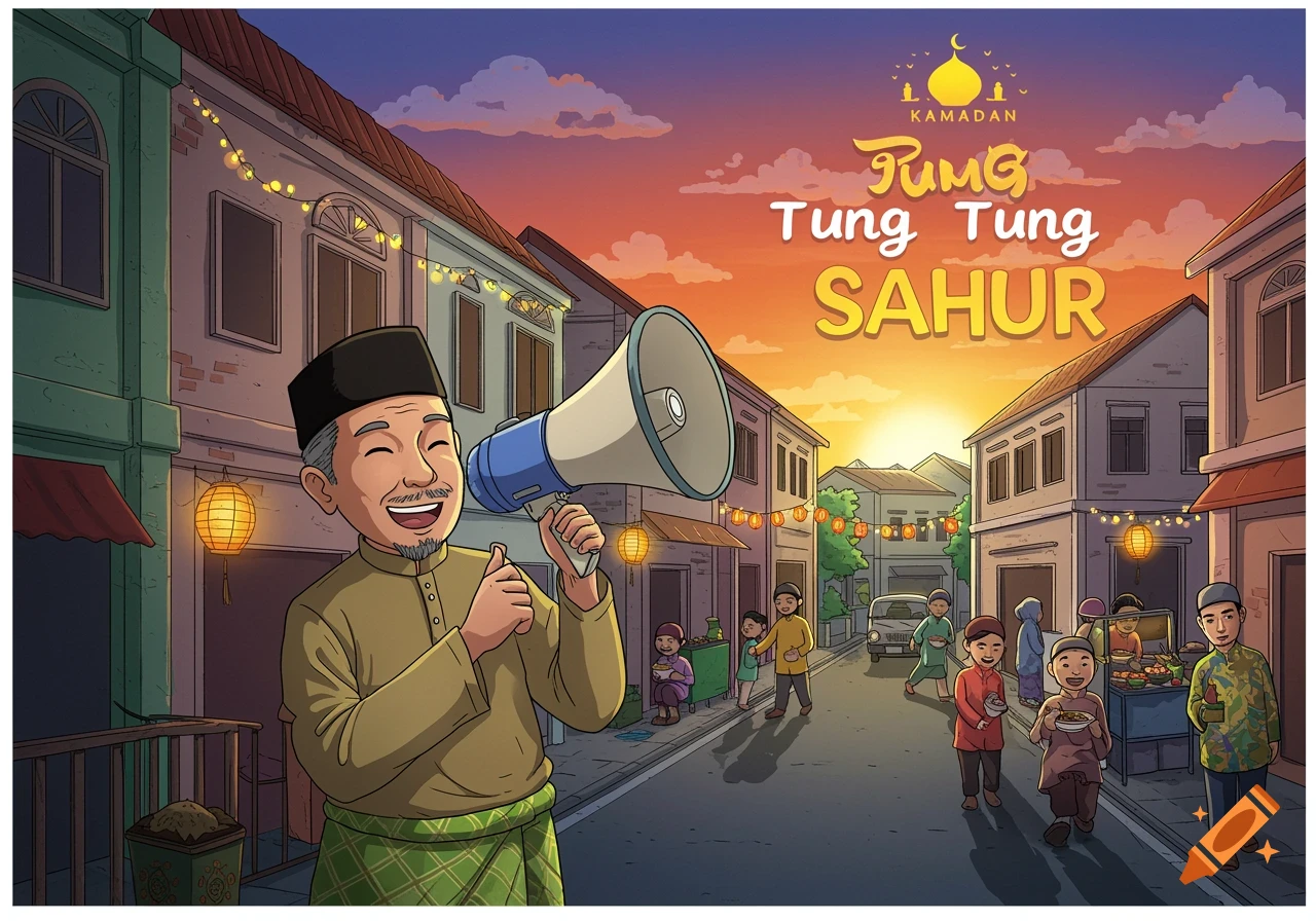 Illustration of a man with a megaphone calling for Sahur in a street scene with people, buildings, and lanterns at sunset.