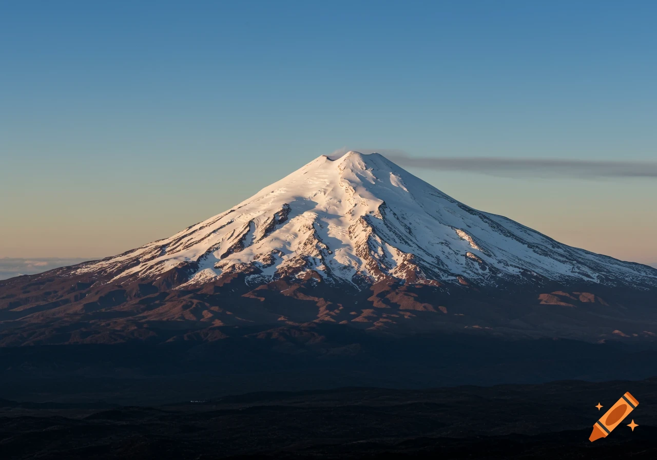 A large, snow-capped stratovolcano rises against a clear blue and orange sky at sunset.