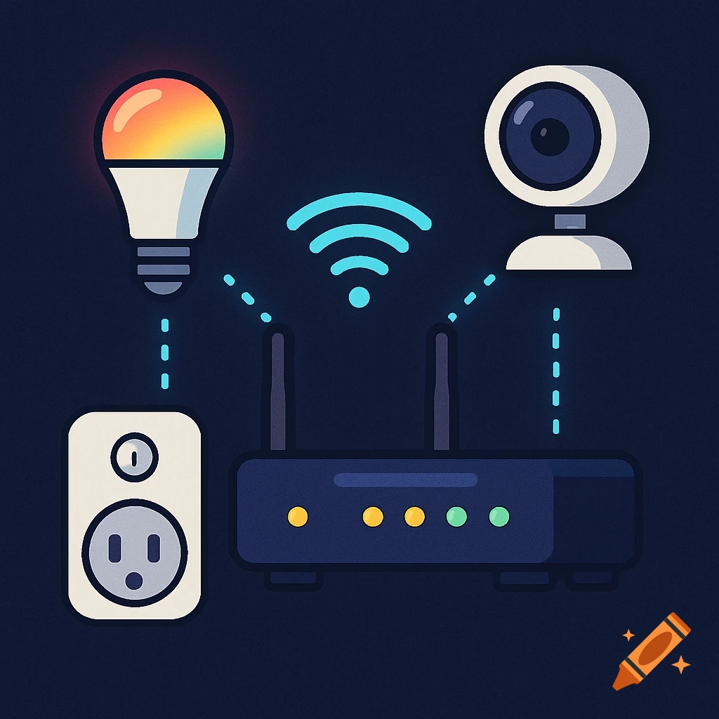Illustration of a smart lightbulb, smart plug, camera, and WiFi router connected by dashed lines.