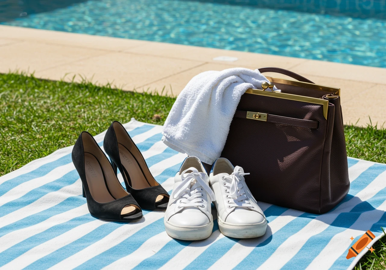 Black heels, white sneakers, and a brown bag with a towel on a striped blanket by a pool.