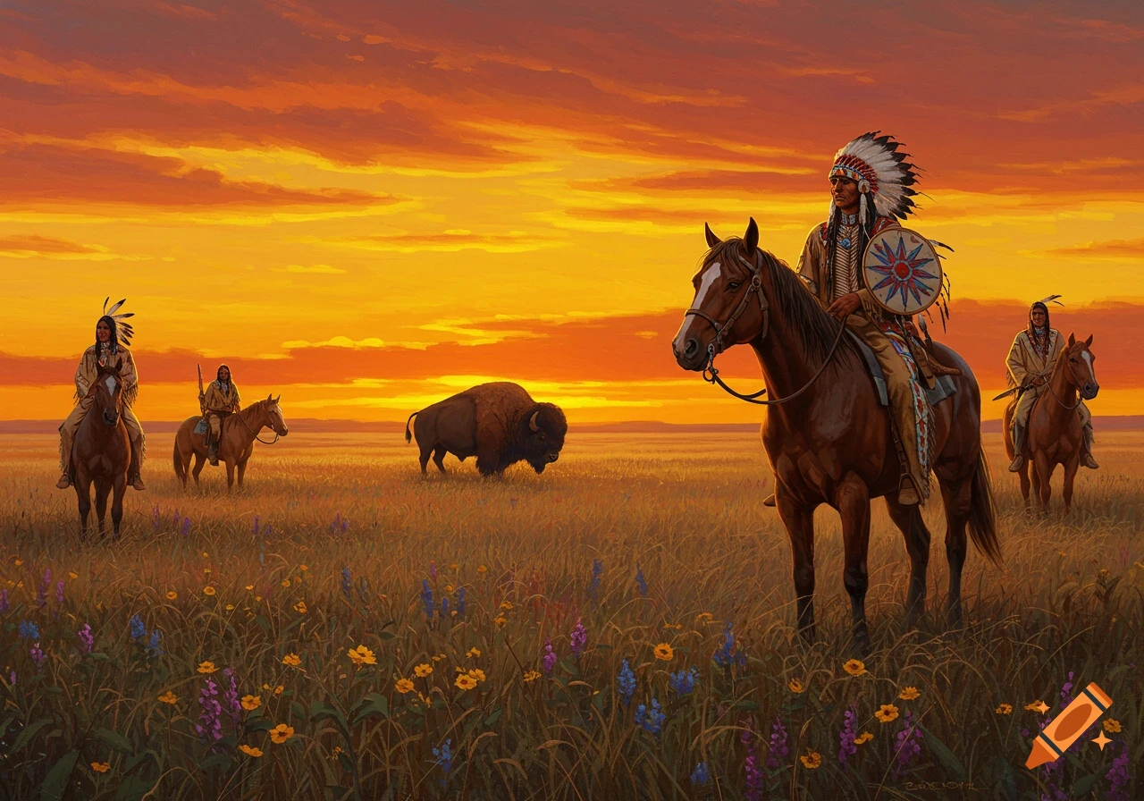 Native Americans on horseback with a bison on a grassy plain at sunset. Painting style.