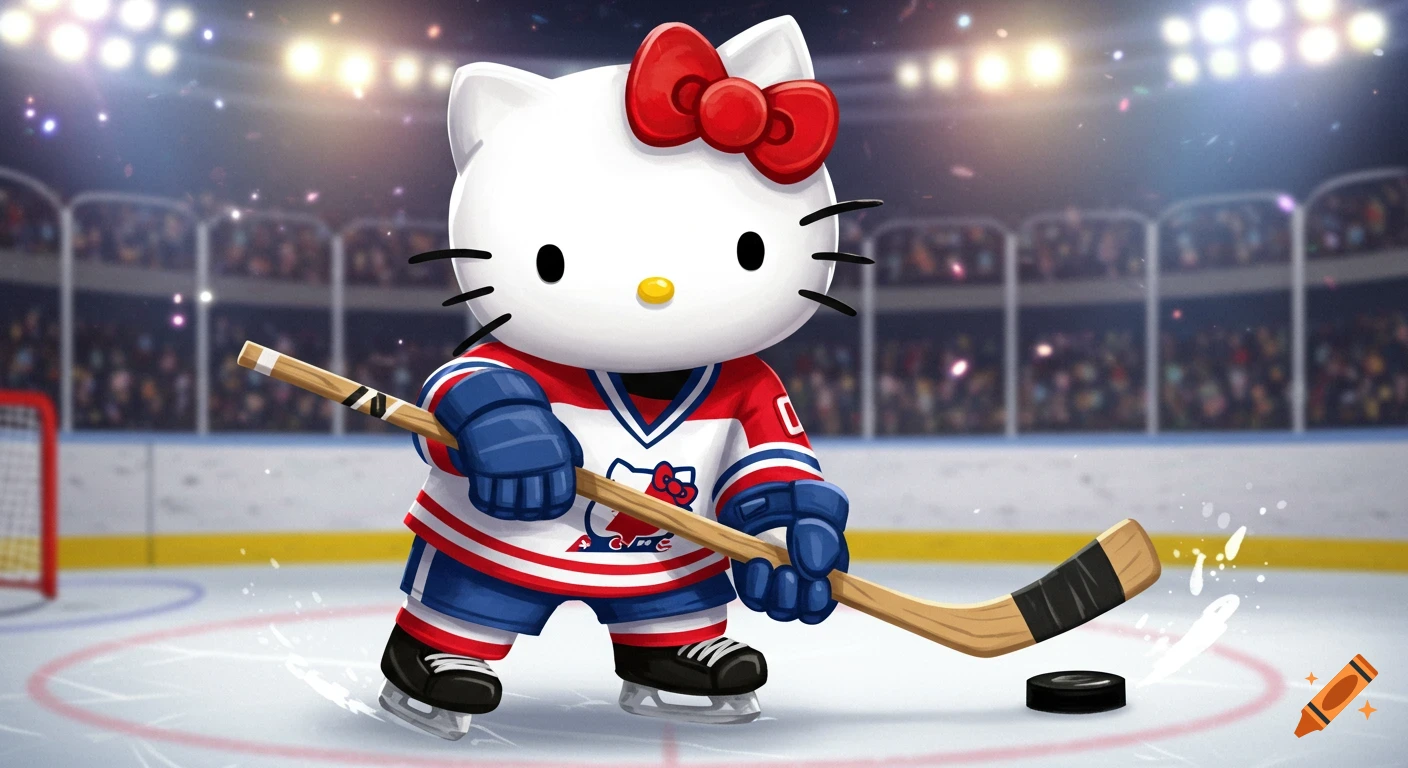 Hello Kitty plays hockey on an ice rink, wearing a red, white, and blue uniform.