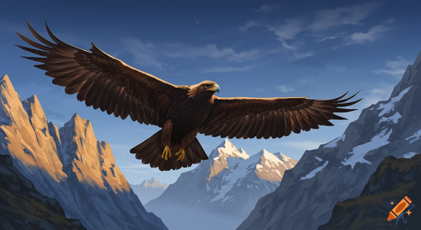 A golden eagle with outstretched wings soars over rocky, snow-capped mountains under a blue sky. Digital painting.