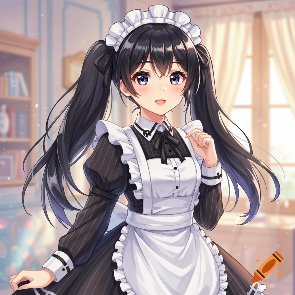 Smiling anime girl with pigtails wearing a maid outfit