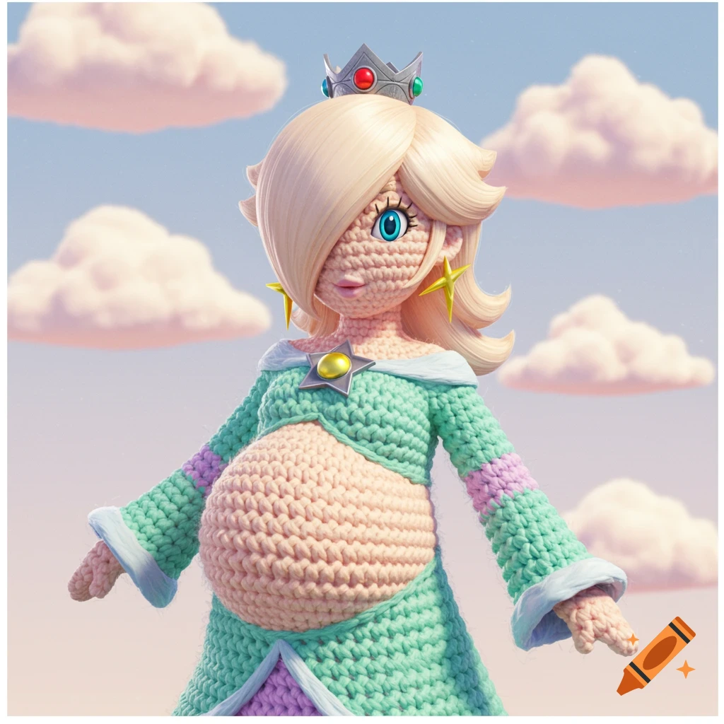 Crochet doll of pregnant Rosalina from Mario Galaxy against a sky background