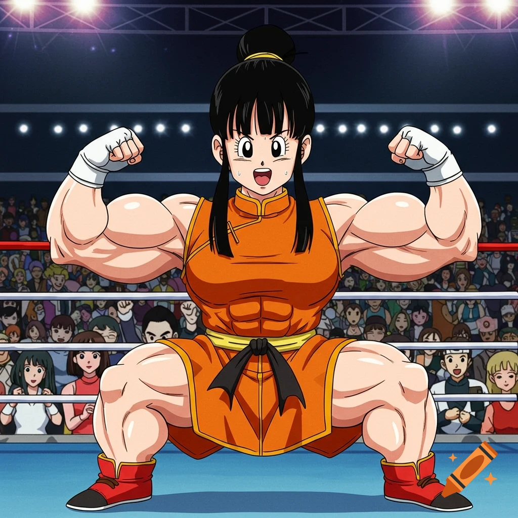 Anime woman flexing large muscles in a wrestling ring with spectators.