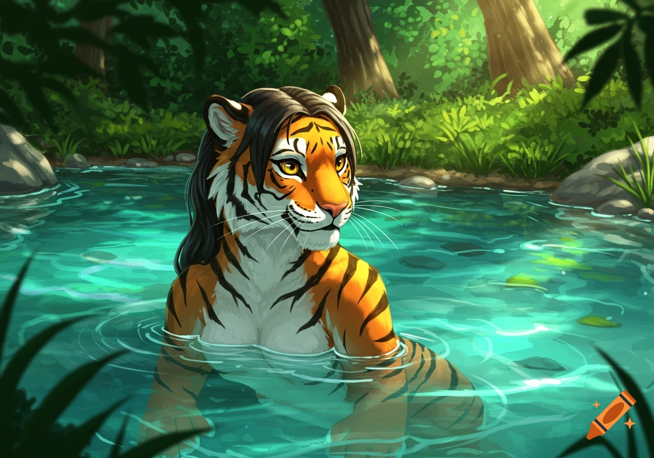Anthropomorphic tiger bathing in a river in a forest illustration