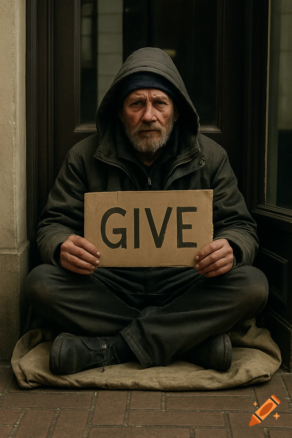 A homeless man sits in a doorway holding a sign that reads 'GIVE'. Photorealistic style.
