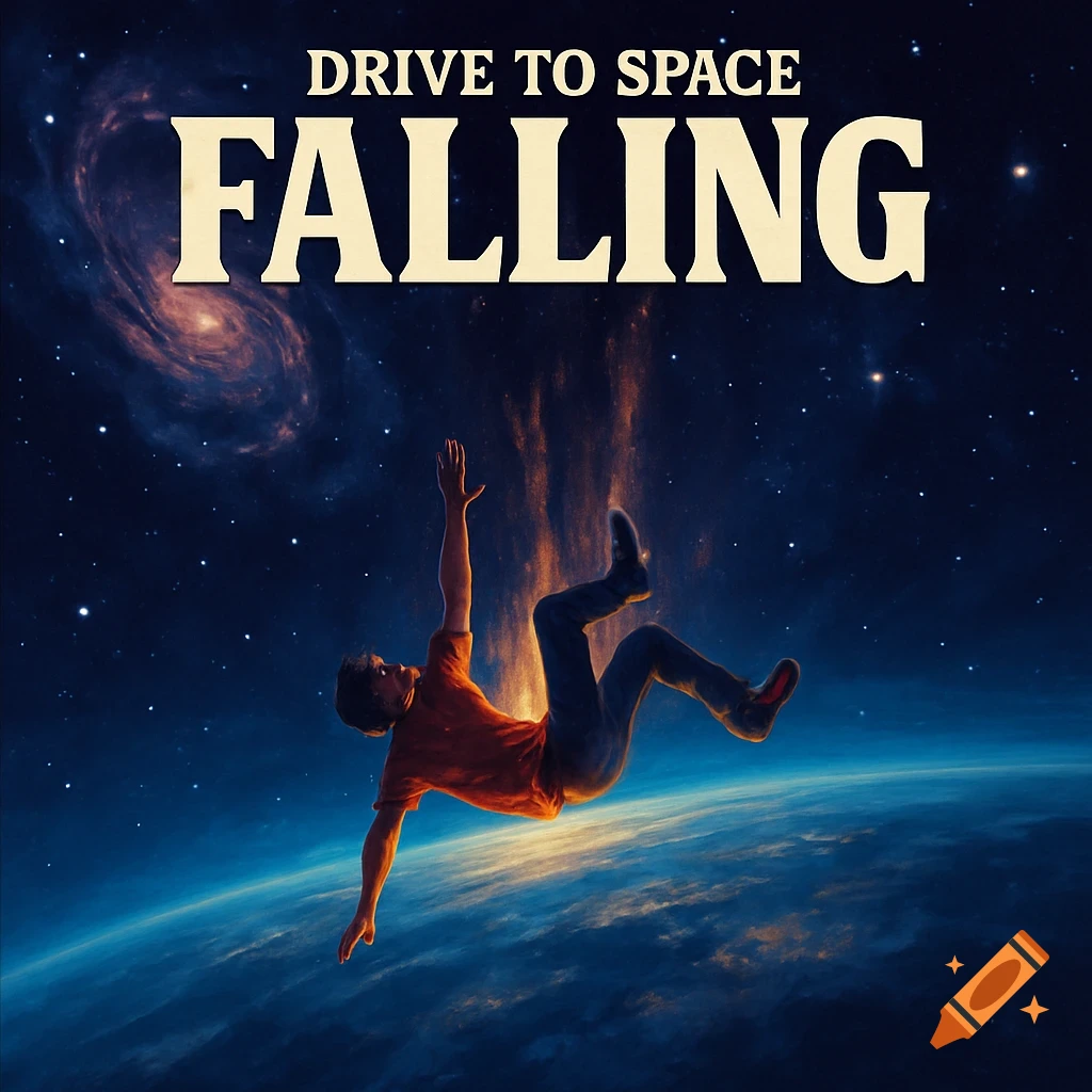 Person falling through space above Earth with album title text