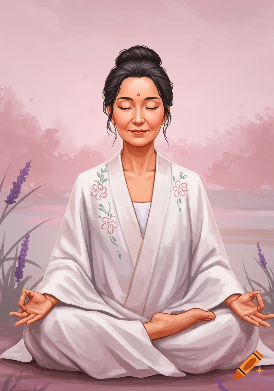 A woman in a white robe meditates in the lotus position, surrounded by lavender and a pink sky.
