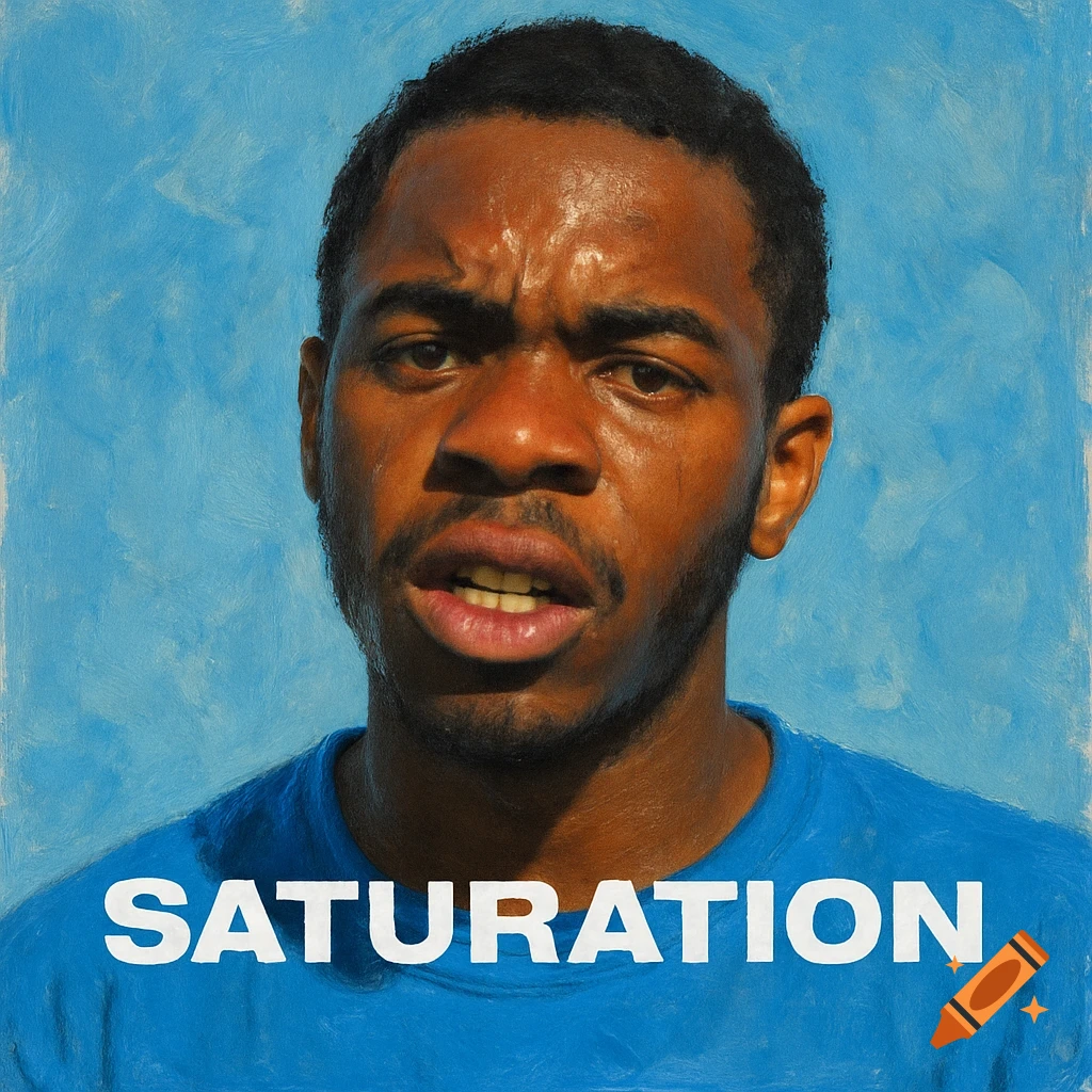 Close-up painterly portrait of a man looking intently, with the word SATURATION across his chest.