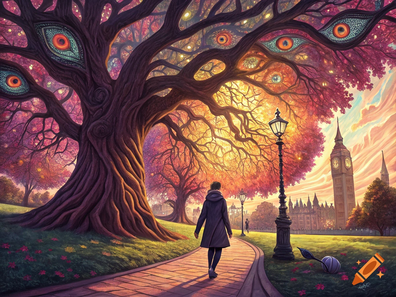 A person walks down a park path past a large tree with many eyes towards Big Ben in a colorful, surreal style.
