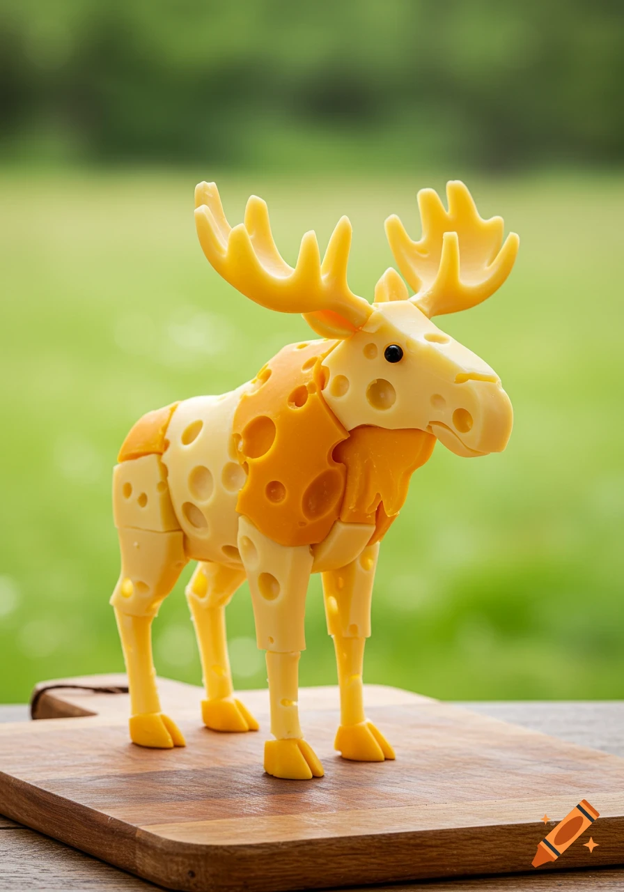 A detailed statue of a moose made out of chunks of Swiss and cheddar cheese stands on a wooden cutting board in a grassy outdoor setting.
