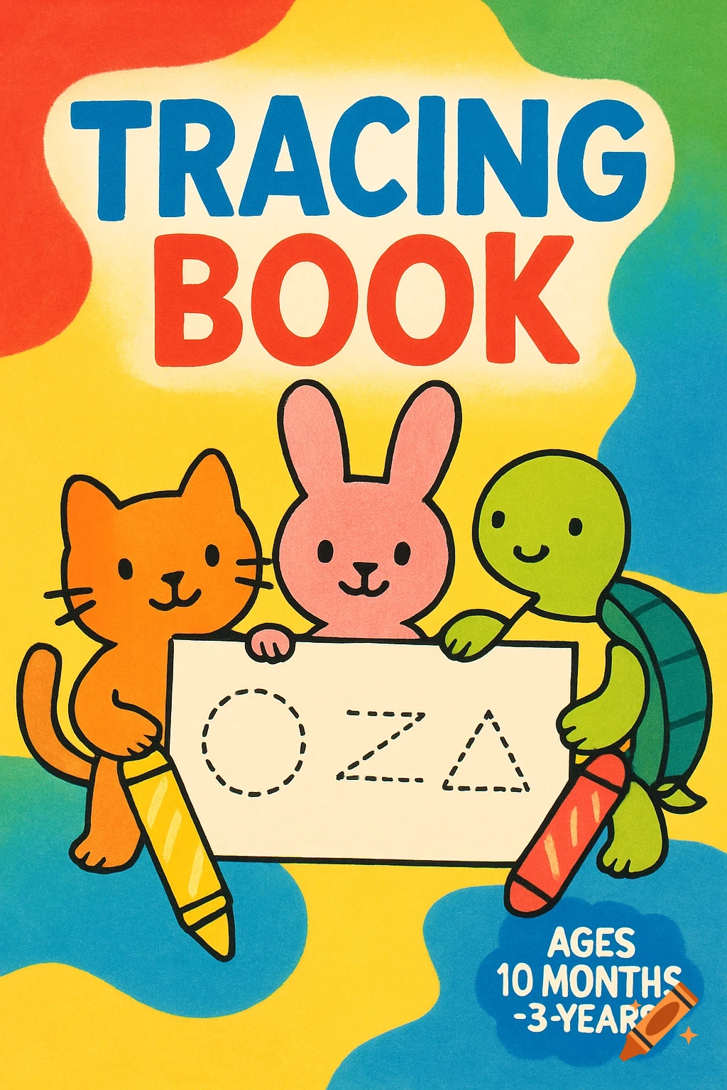 Cartoon cat, bunny, turtle on colorful tracing book cover.