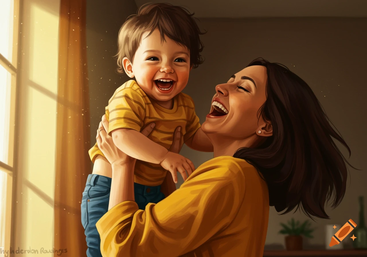 Mother holding her laughing baby son, lit by sunlight from a window