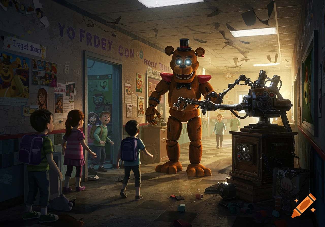 A large animatronic bear stands in a school hallway with children and a machine, in the style of Five Nights at Freddy's.