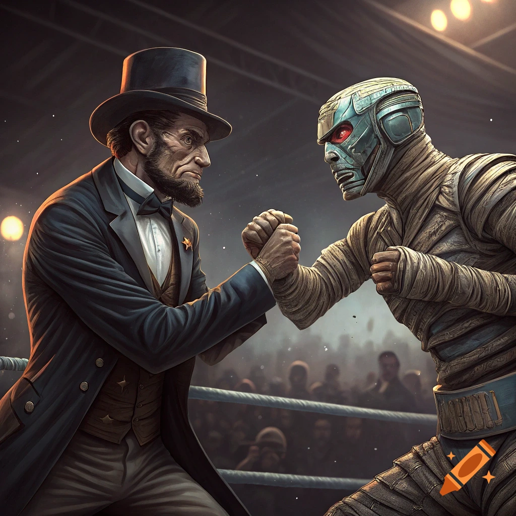 Abraham Lincoln arm wrestling a Mecha Mummy in a wrestling ring with a crowd watching